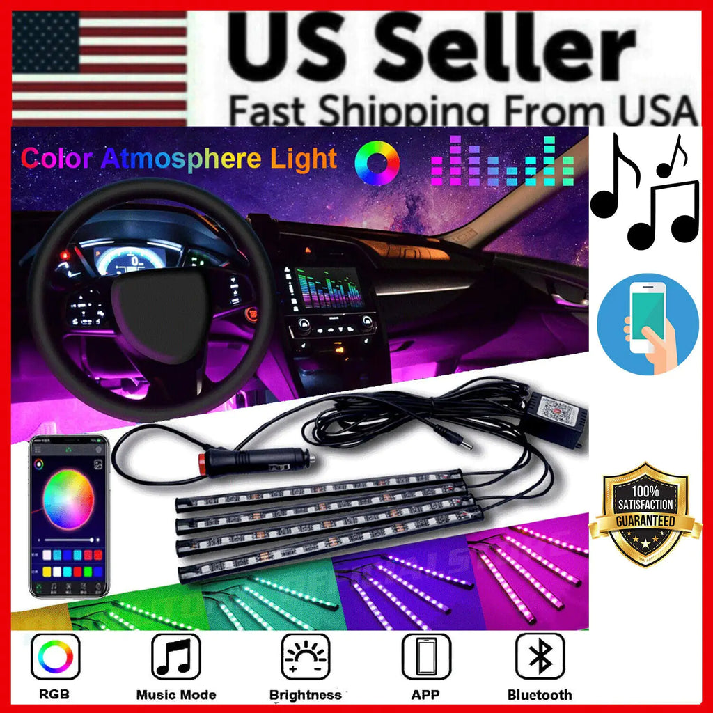 4-Piece RGB Interior LED Car Light Kit — Bluetooth App Control + Music Sync