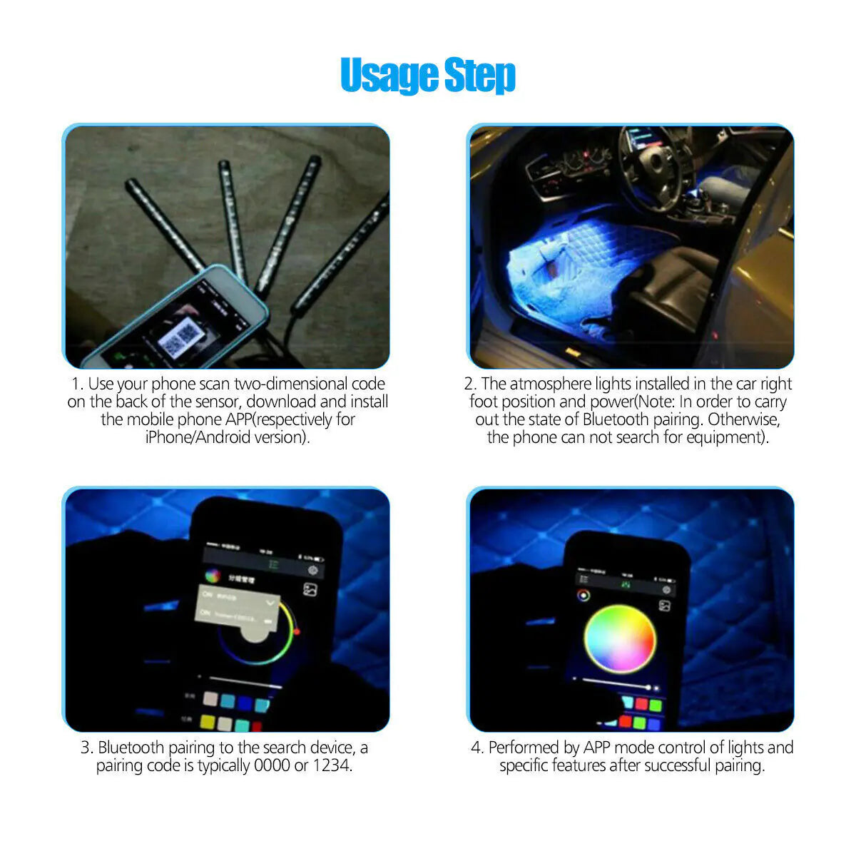 4-Piece RGB Interior LED Car Light Kit — Bluetooth App Control + Music Sync