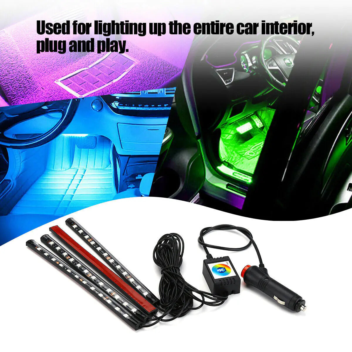 4-Piece RGB Interior LED Car Light Kit — Bluetooth App Control + Music Sync