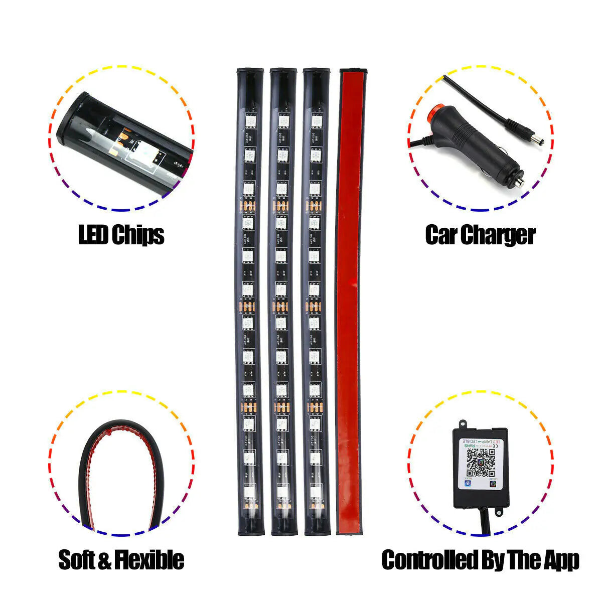 4-Piece RGB Interior LED Car Light Kit — Bluetooth App Control + Music Sync