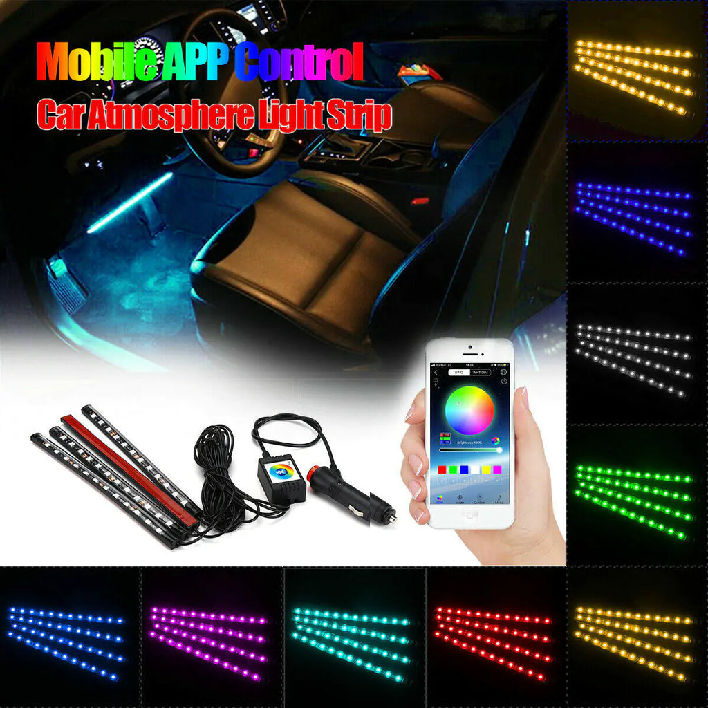 4-Piece RGB Interior LED Car Light Kit — Bluetooth App Control + Music Sync
